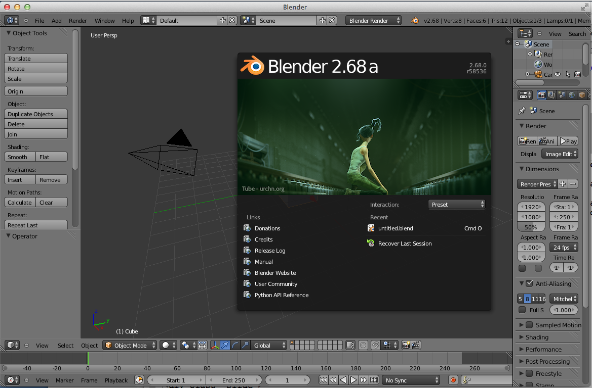 The start screen for Blender