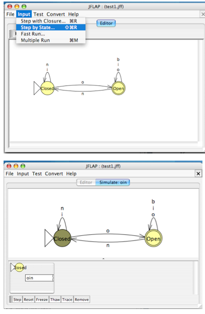 The automatic door example implemented in JFLAP