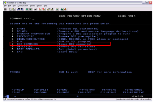 screenshot of where you can issue a DB2 command
