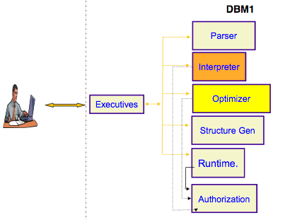 diagram of parser, interpreter, optimize, structure generator, runtime, and authorization components of the RDS