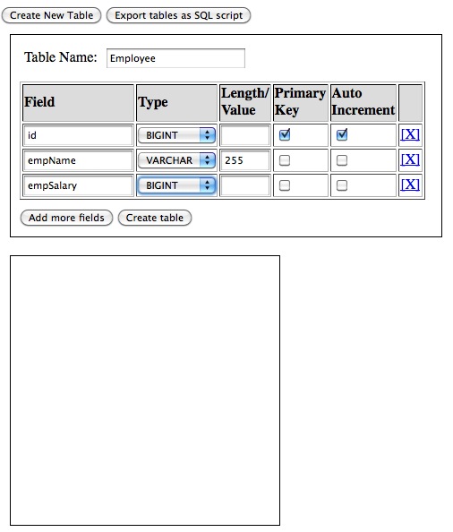 Creating table