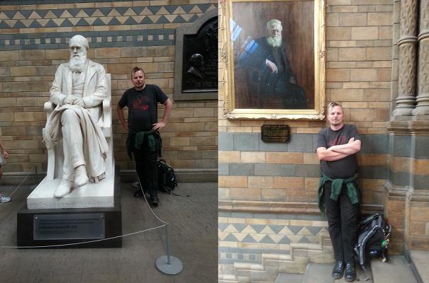 Thaddeus Aid with Charles Darwin and Alfred Russel Wallace at the Natural History Museum, London