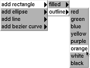 Screen capture visually demonstrating what happens when user selects option for "add rectangle" followed by option "outline" followed by option "orange." The user has thus indicated they wish to draw an orange colored outline of a rectangle.