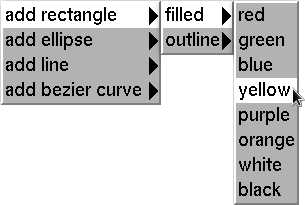 Screen capture visually demonstrating what happens when user selects option for "add rectangle" followed by option "filled" followed by color "yellow". The user has thus indicated they wish to draw a solid, filled rectange in the color yellow.