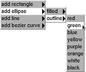 Screen capture visually demonstrating what happens when user selects option for "add ellipse" followed by option "outline" followed by color "green." The user has thus indicated they wish to draw a green outline of an ellipse.
