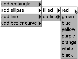 Screen capture visually demonstrating what happens when user selects option for "add ellipse" followed by option "filled" followed by color "red." The user has thus indicated they wish to draw a solid, filled ellipse in the color red.