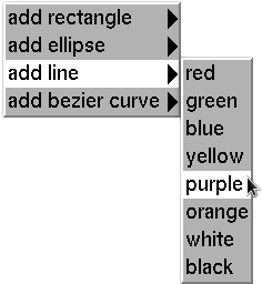 Screen capture visually demonstrating what happens when user selects option for "add line" followed by option "purple". The user has thus indicated they wish to draw a purple colored line.