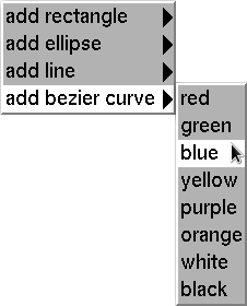 Screen capture visually demonstrating what happens when user selects option for "add bezier curve" followed by sub-option "blue." The user has thus indicated they wish to draw a blue colored bezier curve.