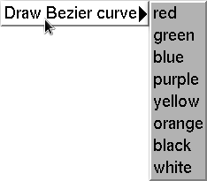 Screen capture of menu that appears when left mouse button is clicked. A menu appears with the text "Draw Bezier curve" followed by a sub-menu with eight possible color choices: "red", "green", "blue", "purple", "yellow", "orange", "black", "white."