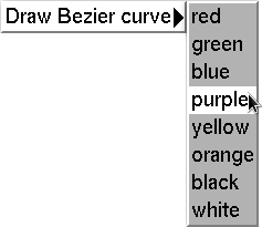 Screen capture of menu that appears when left mouse button is clicked. A menu labeled, "Draw Bezier curve" appears followed by a sub-menu containing colors: "red", "green", "blue", "purple", "yellow", "orange", "black", and "white."  The color purple is selected.