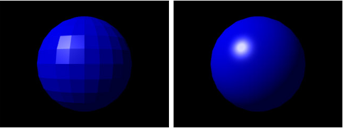 Blue sphere with flat shading adjacent to blue sphere with Phong shading