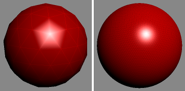 Gouraud shading with specular highlight on two red spheres: one sphere with low polygon count versus the other sphere with high polygon count