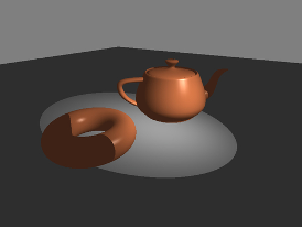 Computer graphic rendering of a teapot and a toroid with a spotlight as a light source