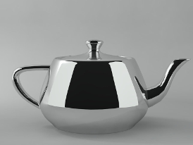 Computer graphic teapot rendered with chrome texture
