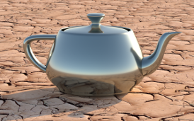 Computer graphic teapot rendered with chrome texture in desert environment