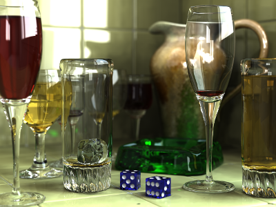 Computer graphic image demonstrating global illumination through ray tracing.