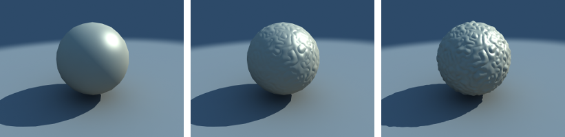 Computer graphic images of three spheres: one with no map (smooth), one with bump map, one with displacement map.