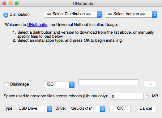 Screenshot of UNetbootin application running on Mac OSX