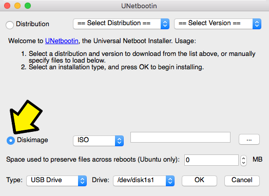 Screenshot of UNetbootin application running on Mac OSX