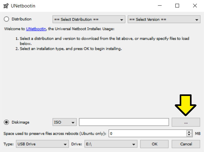 Screenshot of UNetbootin application running on Windows 10