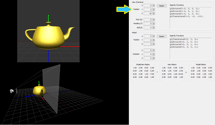 Screenshot of interactive program to adjust near and far clipping planes. An arrow is pointing to a control panel to adjust the camera's position (X,Y,Z).