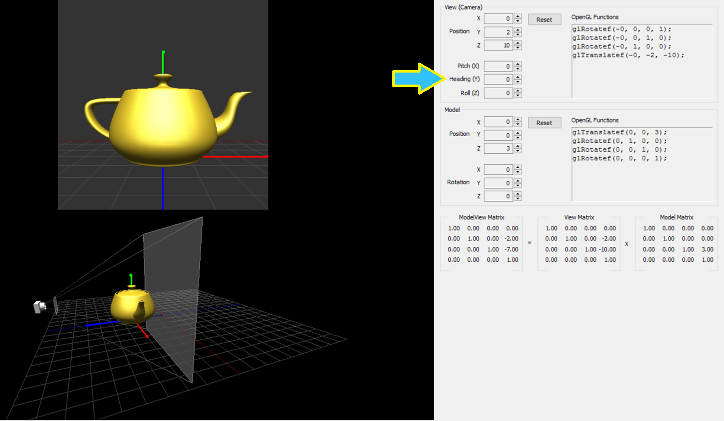 Screenshot of interactive program to adjust near and far clipping planes. An arrow is pointing to a control panel to adjust the camera's rotation (yaw, pitch, roll).