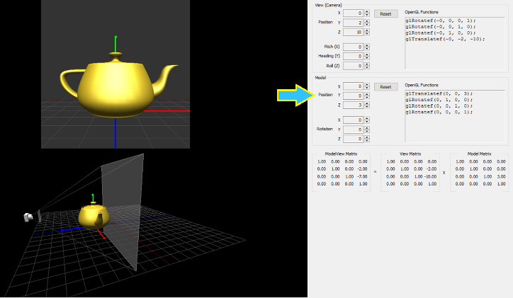 Screenshot of interactive program to adjust near and far clipping planes. An arrow is pointing to a control panel to adjust the teapot's (object of interest) position in (X,Y,Z).