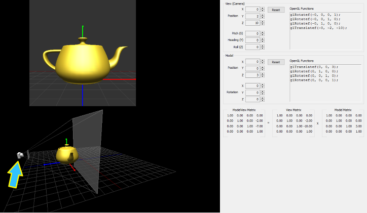 Screenshot of interactive program to adjust near and far clipping planes. An arrow is pointing to the camera within the screenshot.
