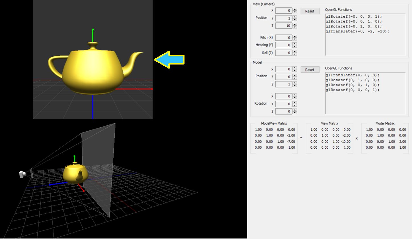 Screenshot of interactive program to adjust near and far clipping planes. An arrow is pointing to the camera's perspective within the screenshot.