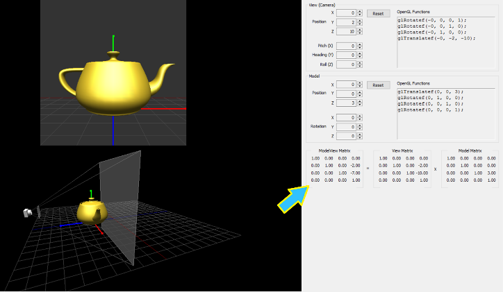 Screenshot of interactive program to adjust near and far clipping planes. An arrow is pointing to values in the OpenGL Model matrix.