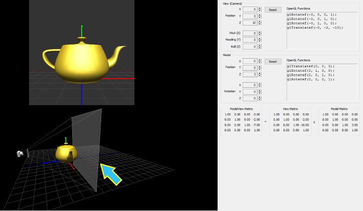 Screenshot of interactive program to adjust near and far clipping planes. An arrow is pointing to the far clipping plane within the screenshot.