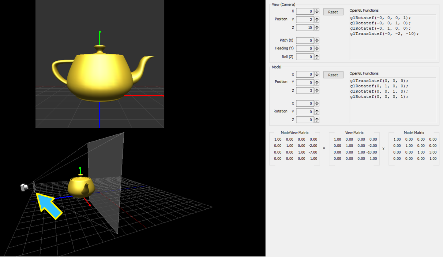 Screenshot of interactive program to adjust near and far clipping planes. An arrow is pointing to the near clipping plane within the screenshot.