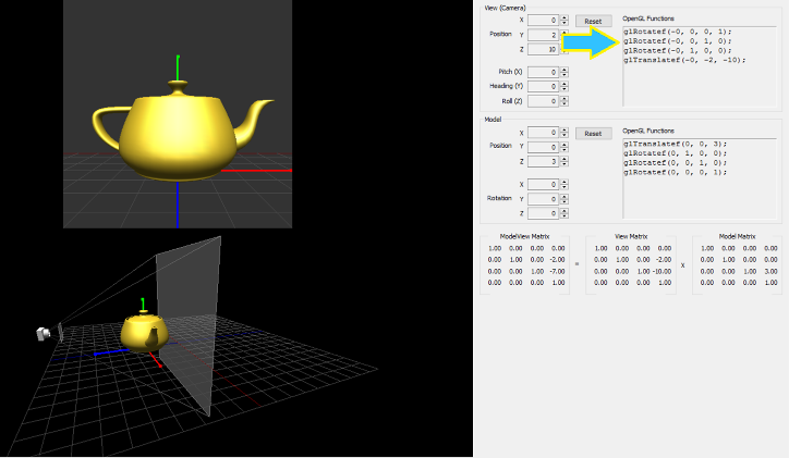 Screenshot of interactive program to adjust near and far clipping planes. An arrow is pointing to the OpenGL commands (i.e. what you would use in an OpenGL program) to adjust the camera's position (X,Y,Z) and rotation (yaw, pitch, roll).
