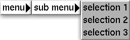 Screenshot of a menu in glut labeled as "menu" with submenu option labeled as "sub menu"followed by three sub-submenu options: "selection 1", "selection 2", and "selection 3".
