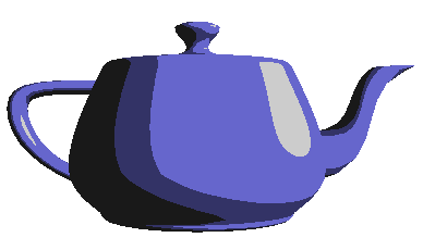 A cartoon-style OpenGL Shading Language rendering of the Utah teapot.