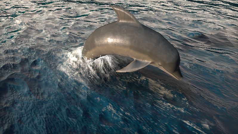 Screenshot of an OpenGL shader that simulates a dolphin swimming in the ocean.