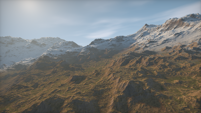 Screenshot of an OpenGL shader that simulates mountainous terrain.