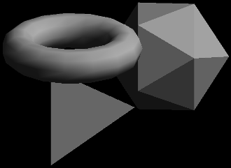 Image of a toroid, icosahedron, and a tetrahedron at different depths in 3-dimensional space. These shapes are stacked on top of each other. Some of the surfaces are hidden by other surfaces. This demonstrates occlusion.