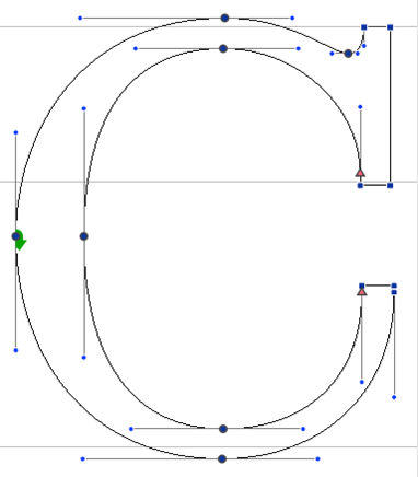 Image of a letter 'C' comprised of joined Bezier curves (typography).