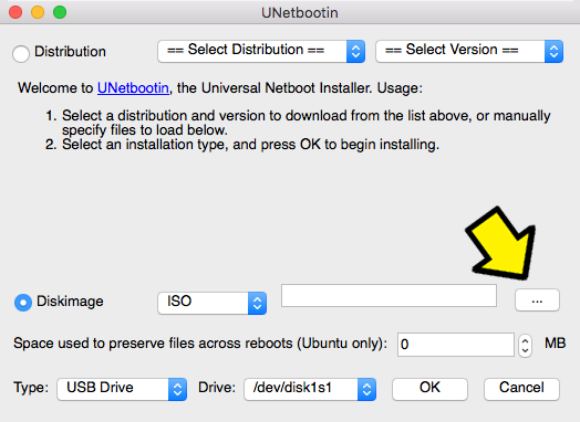 Screenshot of UNetbootin application running on Mac OSX