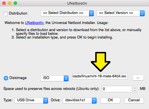 Screenshot of UNetbootin application running on Mac OSX
