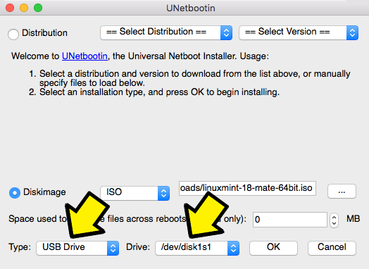 Screenshot of UNetbootin application running on Mac OSX