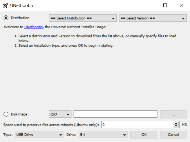 Screenshot of UNetbootin application running on Windows 10