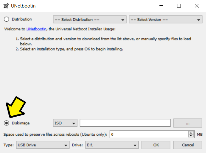 Screenshot of UNetbootin application running on Windows 10