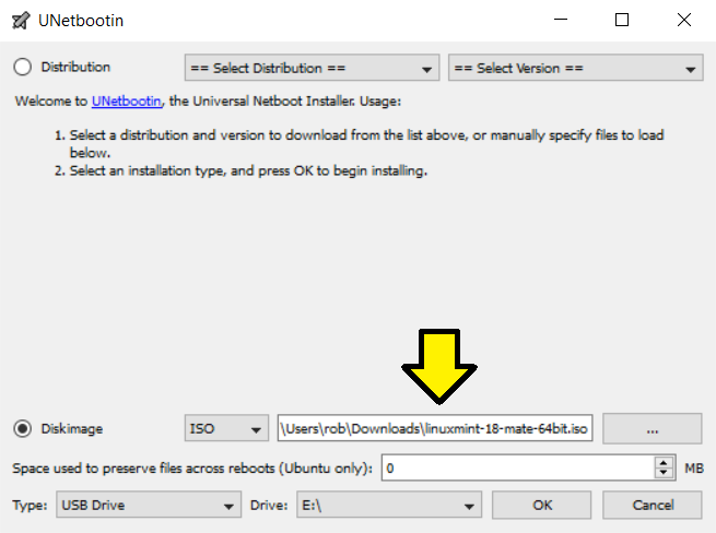 Screenshot of UNetbootin application running on Windows 10