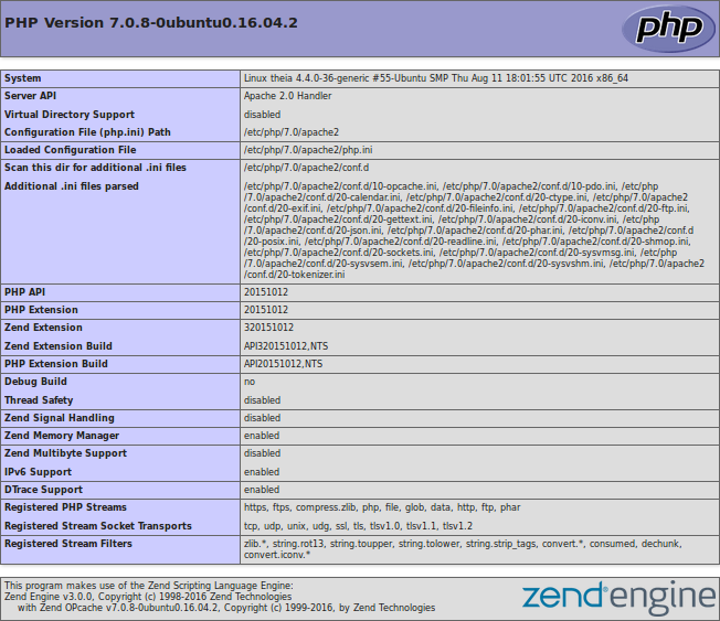 Screenshot indicating Apache is configured with PHP enabled