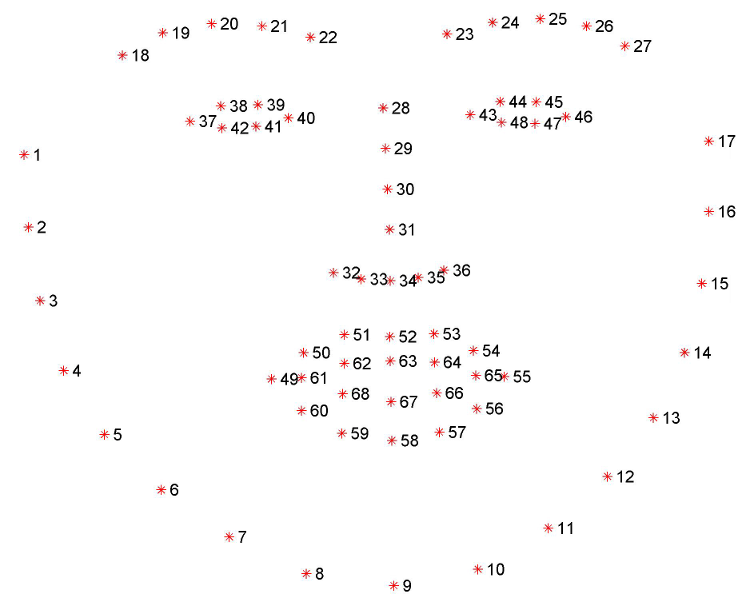 Headshot of an active shape model template with 68 data points.