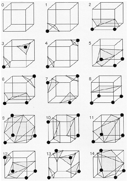 The fourteen unique marching cube surface intersection states with intersecting triangles