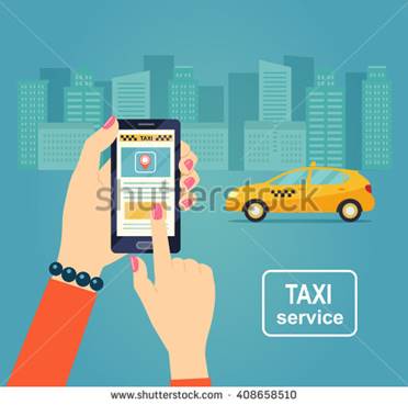 Taxi service. Smartphone and touchscreen, city skyscrapers. Vector flat illustration.