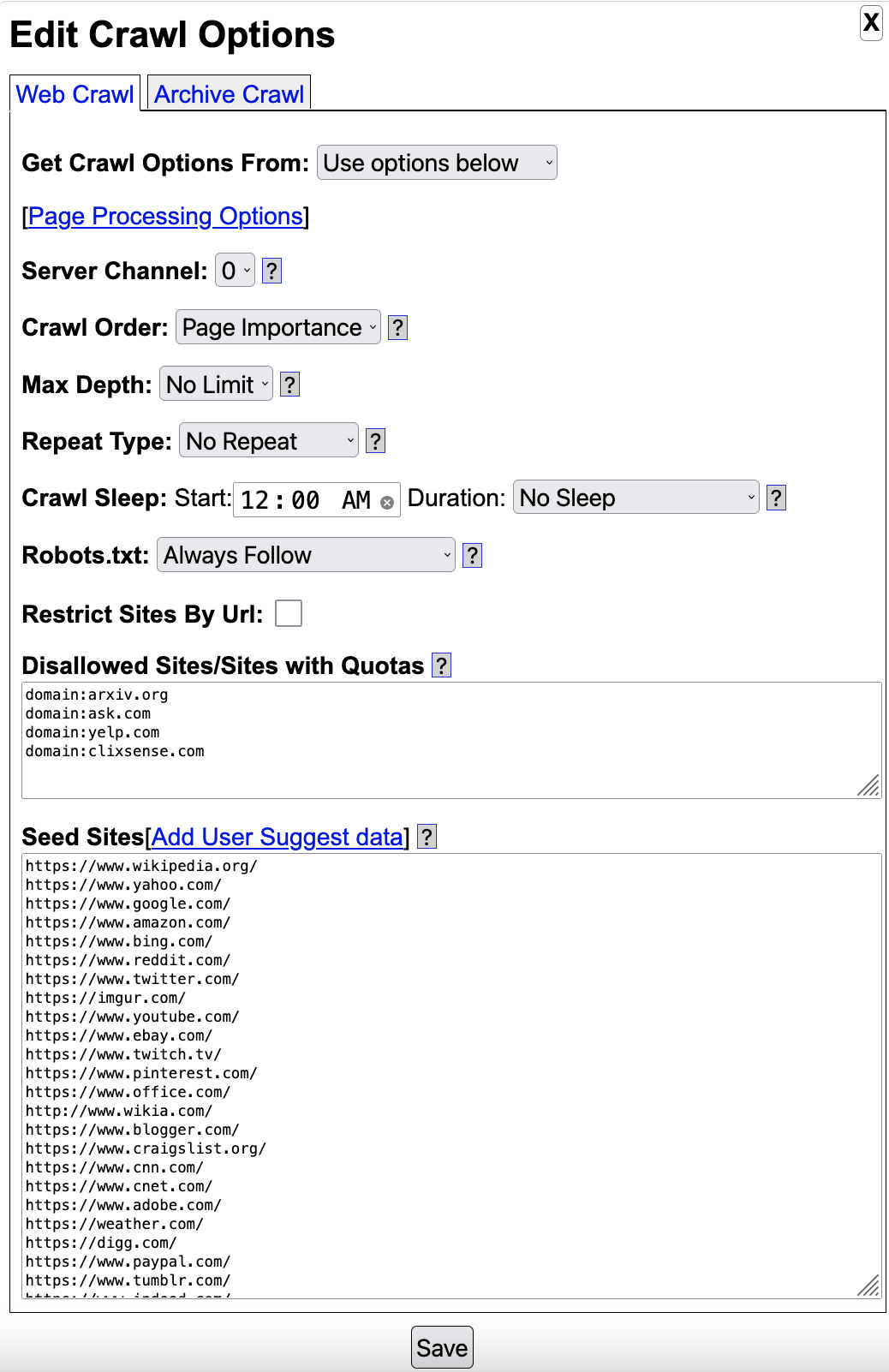 Crawl Options